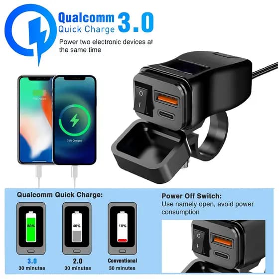 PD QC3.0 Motocicleta USB Carregador Rápido Guiador Tomada Dupla À Prova D'água 12V Adaptador De Fonte De Alimentação Com