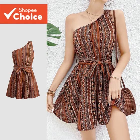 Lovito Macacão feminino Boho assimétrico com cinto, macacão de primavera/verão L138ED567