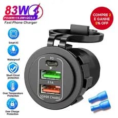 Carregador Veicular 3 em 1 12-24v com Carregamento Rápido Qc3.0, Dual Usb + Carregador Pd, Soquete de Energia À Prova