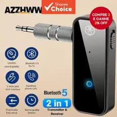 Adaptador Bluetooth 6.0 AUX 3,5mm 2 em 1 Receptor/Transmissor para Caixas de Som Automotivas, Fones de Ouvido, Tablets,