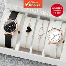 4PCS/Conjuntos Relógio de Quartzo Feminino com Mostrador Árabe e Pulseira de Couro (Sem Caixa)
