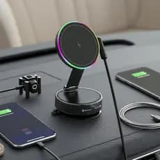 Carregador Veicular Magnético KILOARX – Suporte por Ventosa a Vácuo, Iluminação RGB, Suporte Dobrável para Mãos Livres