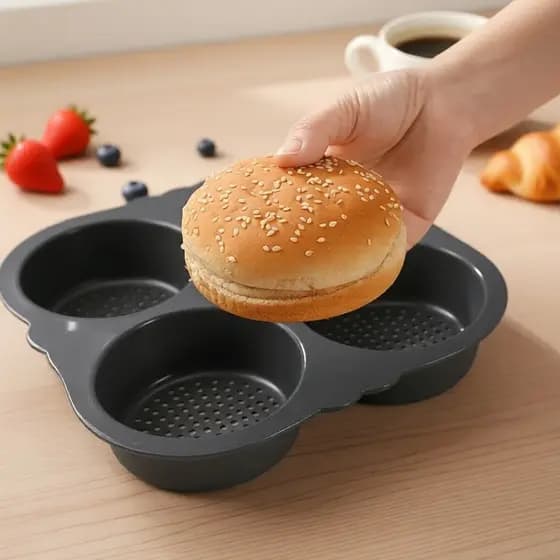 Forma de silicone durável para hambúrguer, assadeira de 4 cavidades para mini pães de hambúrguer