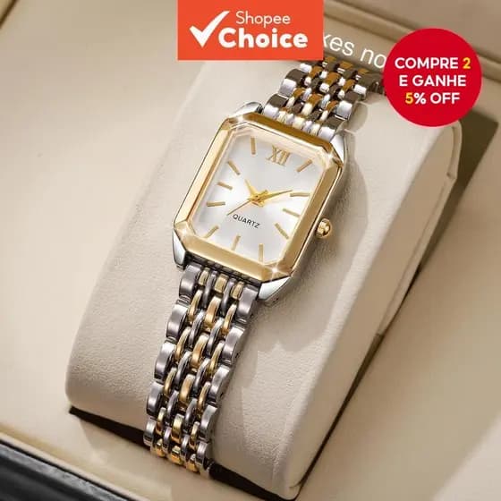 Relógio de Pulso Feminino Quartzo Moda Mix Gold, Mostrador Retangular Romano (Sem Caixa)