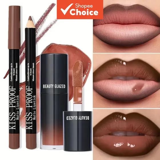 Conjunto Combo 2 Peças de Brilho Labial Marrom + Lápis Labial Grande - Óleo Hidratante de Alto Brilho Nude para Lábios,