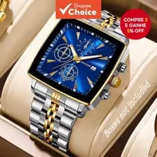 Rel贸gio De Pulso De Quartzo Com Pulseira De A莽o Inoxid谩vel Mostrador Quadrado De Moda De Luxo Masculino Calend谩rio E Sem