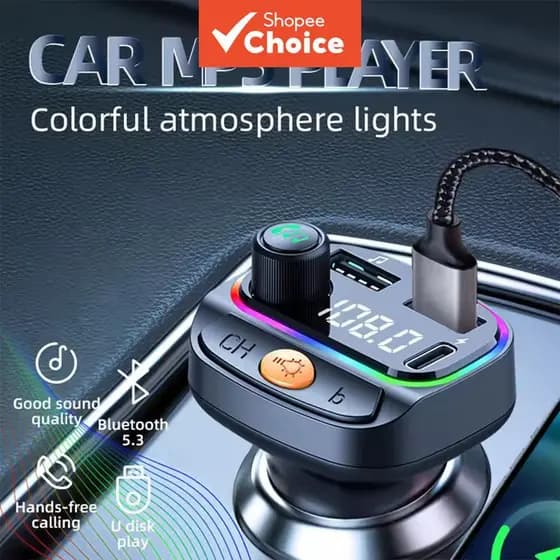 Carregador Veicular Bluetooth 5.3, Transmissor FM, Modulador AUX, Carregamento Rápido QC3.0, Viva-Voz, MP3 Player para