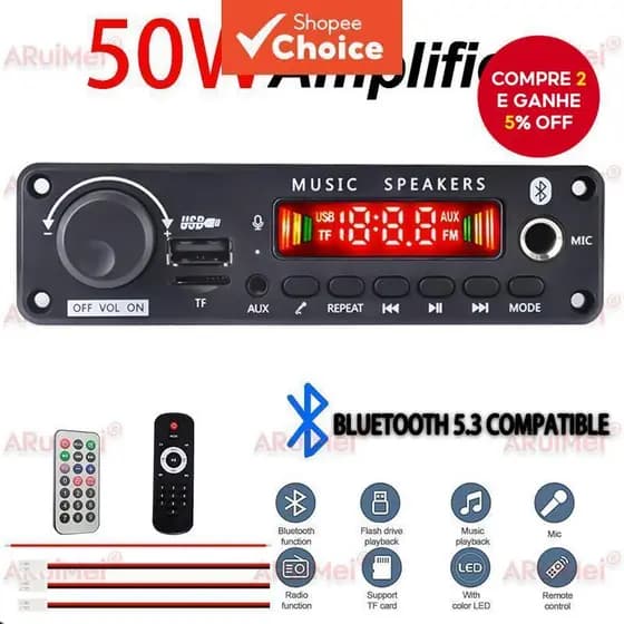 Módulo Amplificador Bluetooth 5.3 De 50 W Com Reprodutor De MP3 Rádio FM USB TF E Gravação De Microfone