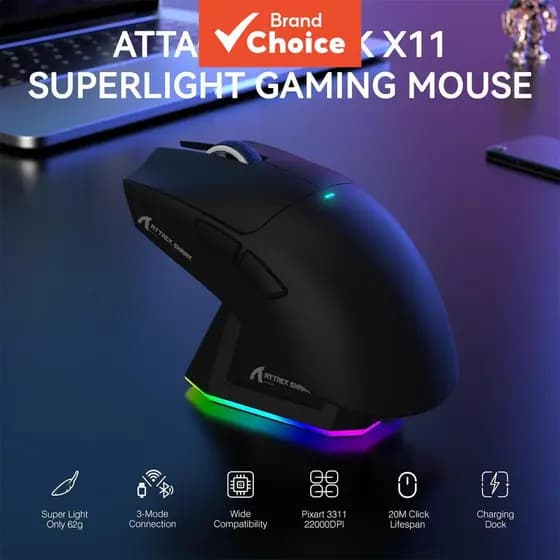 Dock de carregamento sem fio para mouse gamer ATTACK SHARK X11, sensor PixArt PAW3311, conexão BT/2.4G/com fio