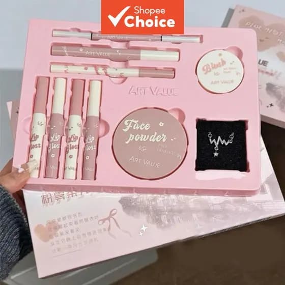 Conjunto de Maquiagem Coreana Art Value 10 Peças - Kit Presente com Brilho Labial, Pó Compacto, Blush, Sobrancelha,