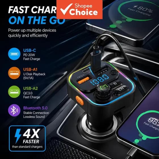 C17 BLUETOOTH 5.3 Transmissor Fm Qc3.0 Pd20w Carregador De Carro Aux Modulador Mp3 Player
