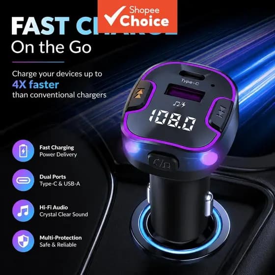 BLUETOOTH 5.0 Transmissor Fm Carro Mp3 Modulador Handsfree Carregador USB Pd Carga Rápida