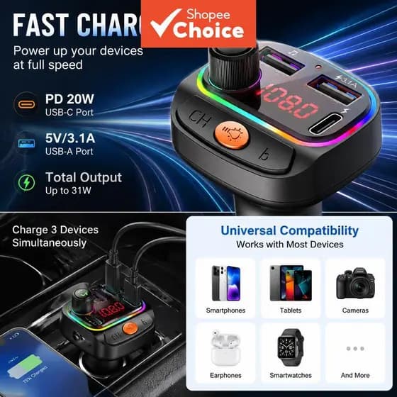 BLUETOOTH Transmissor Fm Carregador De Carro 20w Pd Usb-c Com Microfone Chamada Viva-Voz Mp3 Player