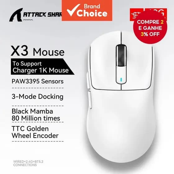 Mouse Gamer Sem Fio Attack Shark X3, 26K DPI, Sensor PAW3395, Taxa de Polling Tri-Modo, Ultra-Leve, Botões Programáveis