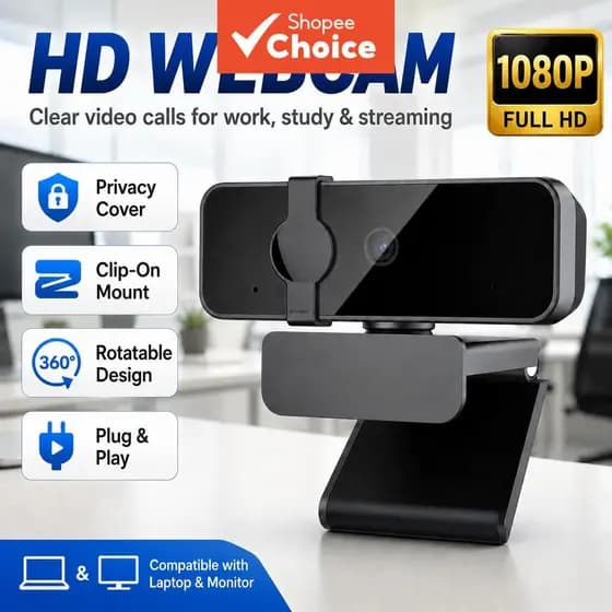 Câmera JCL 1080p para PC, conexão USB Plug & Play, microfone com cancelamento de ruído, correção automática de luz, capa