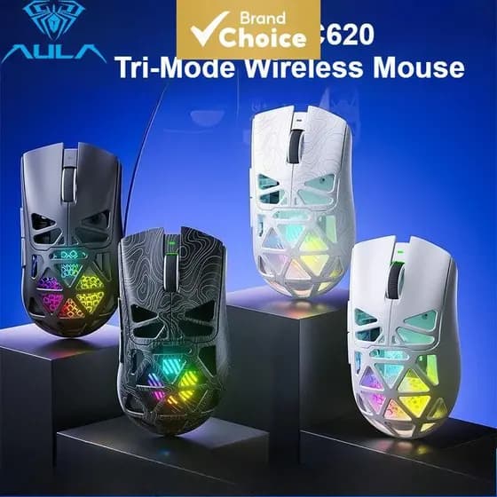 Mouse Gamer Sem Fio AULA SC620 Tri-Modo Bluetooth 2.4G Com Fio 67g PAW3311 12000 DPI RGB Ergonômico