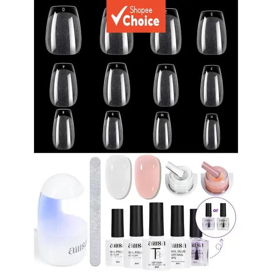 Kit Aillsa Unhas & Gel, com Top Coat, Desidratador de Unhas, 240 Pontas de Unhas em Caixão, Cola para Unhas, Lixas e