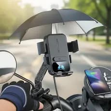 Suporte de celular para moto à prova de choque com carregamento sem fio e proteção solar