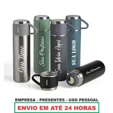 Garrafa Térmica 500ml Com Kit 3 Xícara Café Personalizado