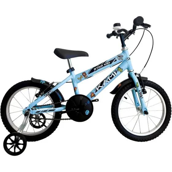 Bicicleta Infantil Aro 16 Menino Masculino Criança 4 a 6 Anos Kami Com Rodinhas C/ Adesivo Dinossauro Cor Azul