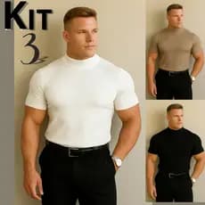 Kit 3 Camisas Masculina Canelada Gola Alta Algodão Casual Esporte Fino Old Money para 2026