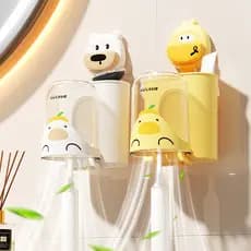 Suporte de Escova de Dentes com Ventosa em Estilo Cartoon – Suporte de Parede Sem Furos para Pasta de Dentes e Copo, Sup