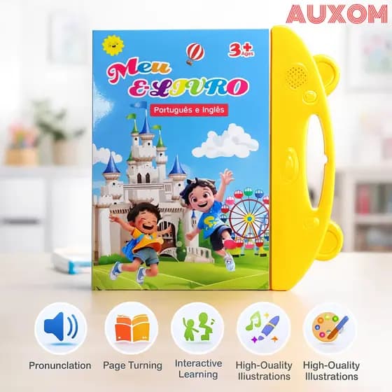 Livro Infantil com Som Livro Interativo Bilingue PT EN Brinquedo de Aprendizagem com Atividades para Crianças