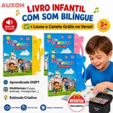 AUXOM Livro Interativo com Som Infantil Bilíngue Português Inglês Multi Temas Toque Educativo Aprendizagem