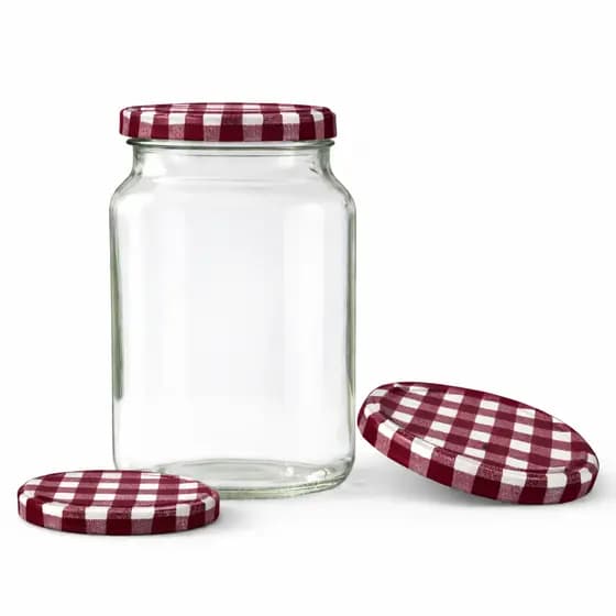 15 Potes de Vidro 600ml Nadir para Conservas Doces Multiuso Tampas Metalicas Cor Vinho Xadrez
