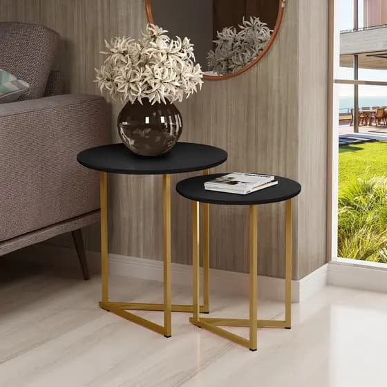 Conjunto de Mesa De Canto Jade Sala Estar Pé de Aço Dourado