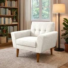 Poltrona Decorativa Bruna Luxo Estofada Para Sala de Estar Linho Bege Pés Palito