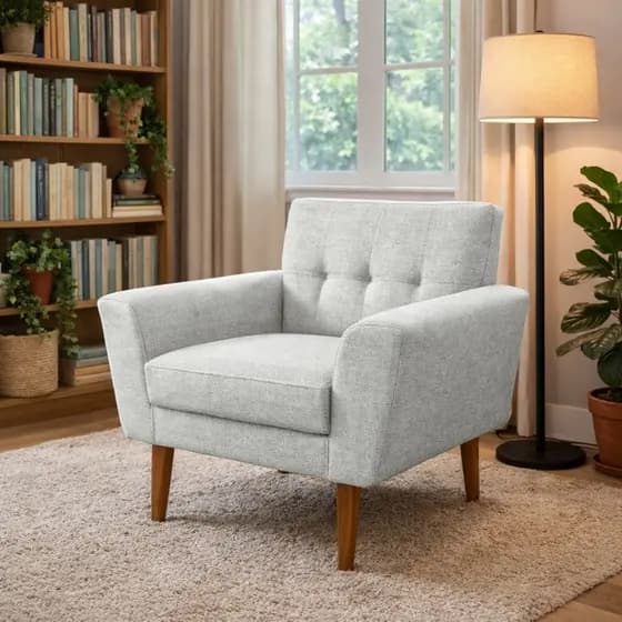 Poltrona Decorativa Bruna Luxo Estofada Para Sala de Estar Linho Cinza Pés Palito