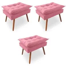Kit 3 Puffs Decorativos Opala Pés Palito Tecido Suede Rose Kimi Design