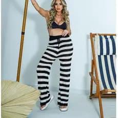 Calça Saída De Praia Feminino Listrada Pantalona Tricot Luxo Roupa Feminina Verão Estilo Blogueira
