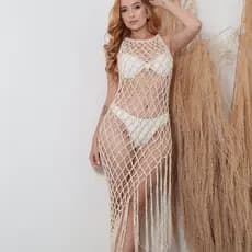 Saída de Praia Vestido de Crochê com Franja Feito à Mão Algodão Artesanal verão saida croche macramê