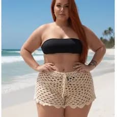 Shorts Saida De Praia Feminina Crochê Plus Size Feito À Mão Ajustável Moda Verão