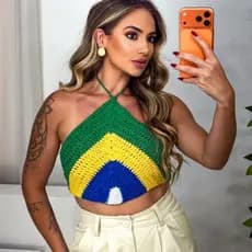 Top Crochê Brasil Frente Única Blusa Feminina Estilosa Cropped Feminino Carnaval Verão Ajustável