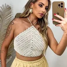 Crochê Frente Única Blusa Feminina Estilosa Cropped Feminino Carnaval Verão Tricot Ajustável