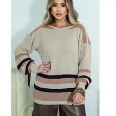 Blusa de Tricot Feminina Oversized Ampla Manga Longa Inverno Listrada Básica Blusão Inverno