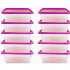 Kit 10 Potes Marmita Fitness 1000 ml 1L Para Freezer e Microondas BPA Free Transparentes Tampa Rosa Organizador de Alimentos retangular