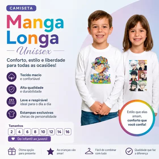CAMISETA INVERNO ESTAMPADA VARIOS MODELOS ANIMES TENDENCIA  INFANTIL JUVENIL UNISSEX  MANGA LONGA