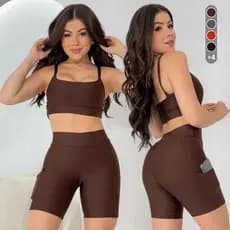 Conjunto Fitness Feminino Top + Short Com Bolso Suplex Academia Treino Corrida Caminhada