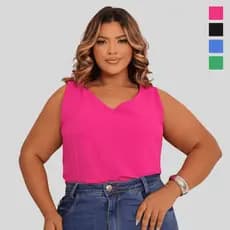 Regata Feminina Plus Size G1 a G3 Moda Tendência Verão Decote V Alça Larga Tecido Duna