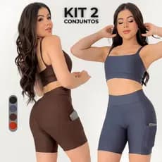 Kit 2 Conjunto Fitness Feminino Short Com Bolso Top Suplex Academia Treino Corrida