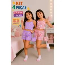Kit 4 Peças Infantil Feminino Pijama Verão Menina + Bolsa Exclusiva | 2 Blusas e 2 Shorts Confortáveis e Estilosos suede