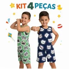 Kit 4 Peças Pijama Infantil Masculino Estampado Regata Short e Blusa 2 a 10 Anos