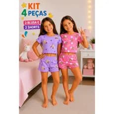 KIT 2 Pijamas Infantil Feminino Curto Cropped Conjunto Verão Menina Confortável Malha suede Macia Blogueirinha Moda kids