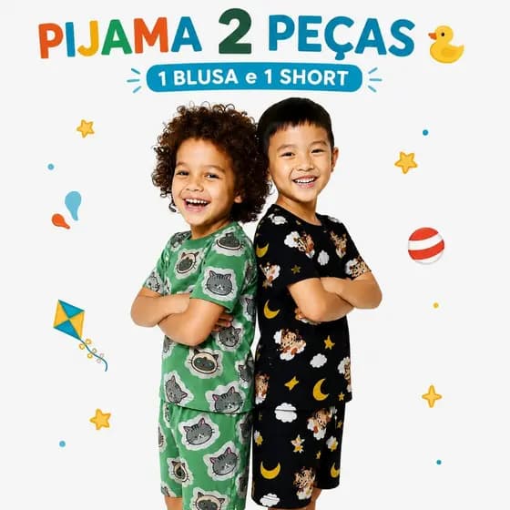 Conjunto 2 Peças Pijama Infantil Masculino Meia Manga Manga Curta Estampado Menino Short e Blusa