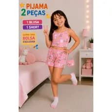 Pijama Infantil Feminino 2 Peças com Bolsa Exclusiva | Conjunto Short Doll Menina Super Fofo e Confortável