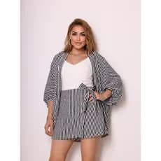 Conjunto de 2 peças Kimono para Férias de Primavera/Praia: Camisa de Manga 3/4 Listrada e Shorts